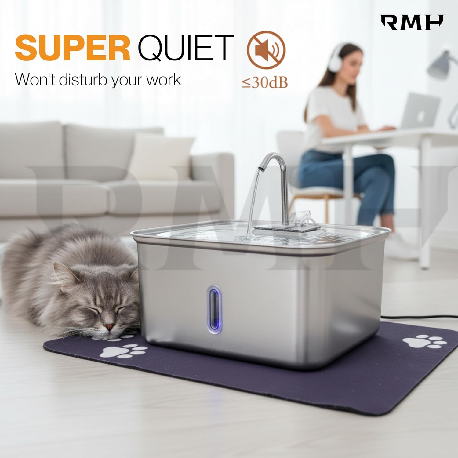 7L (28-Cup) Stainless Steel Dog & Cat Water Fountain with Large Waterproof Mat – Extra Large Automatic Pet Drinking Fountain for Large Dogs & Multi-Pet Homes – Ultra Quiet, 3-Stage Filter, LED Window