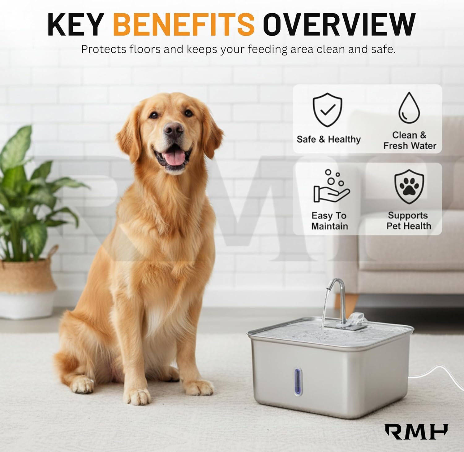 7L (28-Cup) Stainless Steel Dog & Cat Water Fountain with Large Waterproof Mat – Extra Large Automatic Pet Drinking Fountain for Large Dogs & Multi-Pet Homes – Ultra Quiet, 3-Stage Filter, LED Window